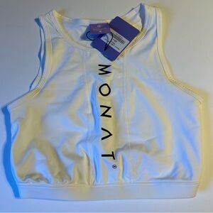 Monat Crop Top Woman’s Small Tight Fit White With Logo Workout Casual New W/Tags